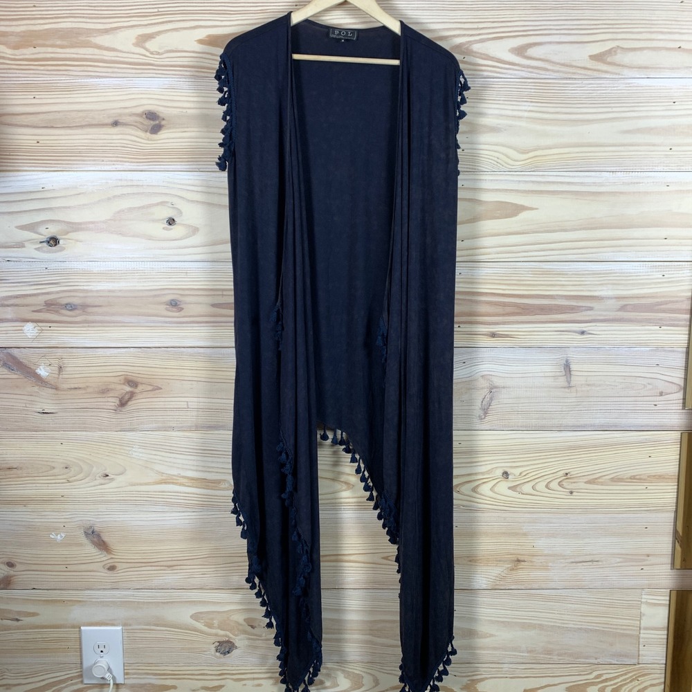 POL Longline Vest Women Medium‎ Navy Blue Tassel Fringe Boho
